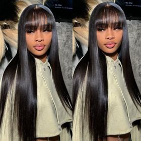 Straight Human Hair Wigs With Bangs Full Machine Made Wig Cheap Brazilian Hair Wigs Short Bob Wigs 3x1 HD Lace Wigs (Density: 180 density, Stretched Length: 24inches)
