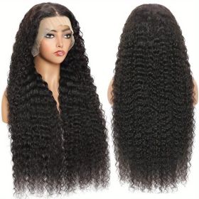 Density Brazilian Virgin Human Hair Deep Curly Lace Front Wigs Transparent HD 13x4 Lace Frontal Wigs Deep Wave 100% Real Human Hair Wigs Remy Pre (Color: Black, Hair Length: 38inch)